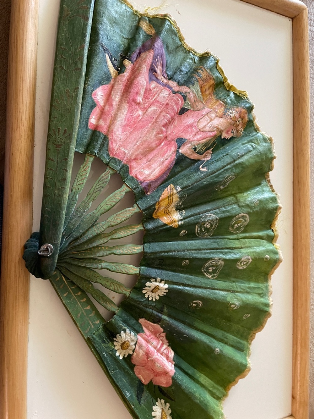 Hand-Painted Green Folding Fan with Pink Floral & Fairy Motif circa 1890s-1910